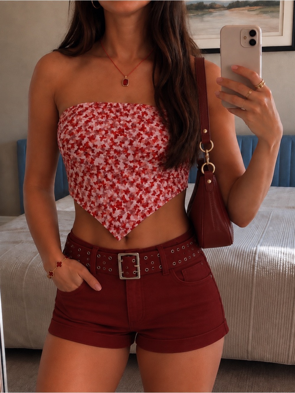 Motel Rocks Pink & Red Butterfly Print Strapless Bandana Crop Top